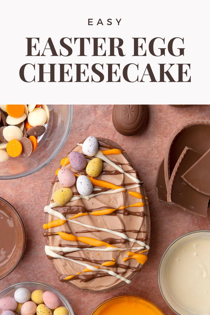 An Easter Egg cheesecake, decorated with drizzled chocolate and mini eggs. The caption reads: Easy Easter egg cheesecake.