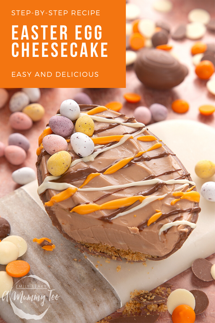 An Easter Egg cheesecake, decorated with drizzled chocolate and mini eggs. It has been cut open to show the biscuit base and creamy chocolate cheesecake filling inside. The caption reads: Step-by-step recipe. Easter egg cheesecake. Easy and delicious.