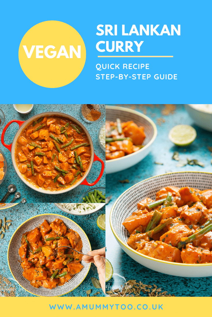 Collage of images showing a curry  in a pan or bowl on a blue background surround by ingredients. Caption reads: Vegan Sri Lankan Curry - Quick Recipe - Step-by-Step Guide.