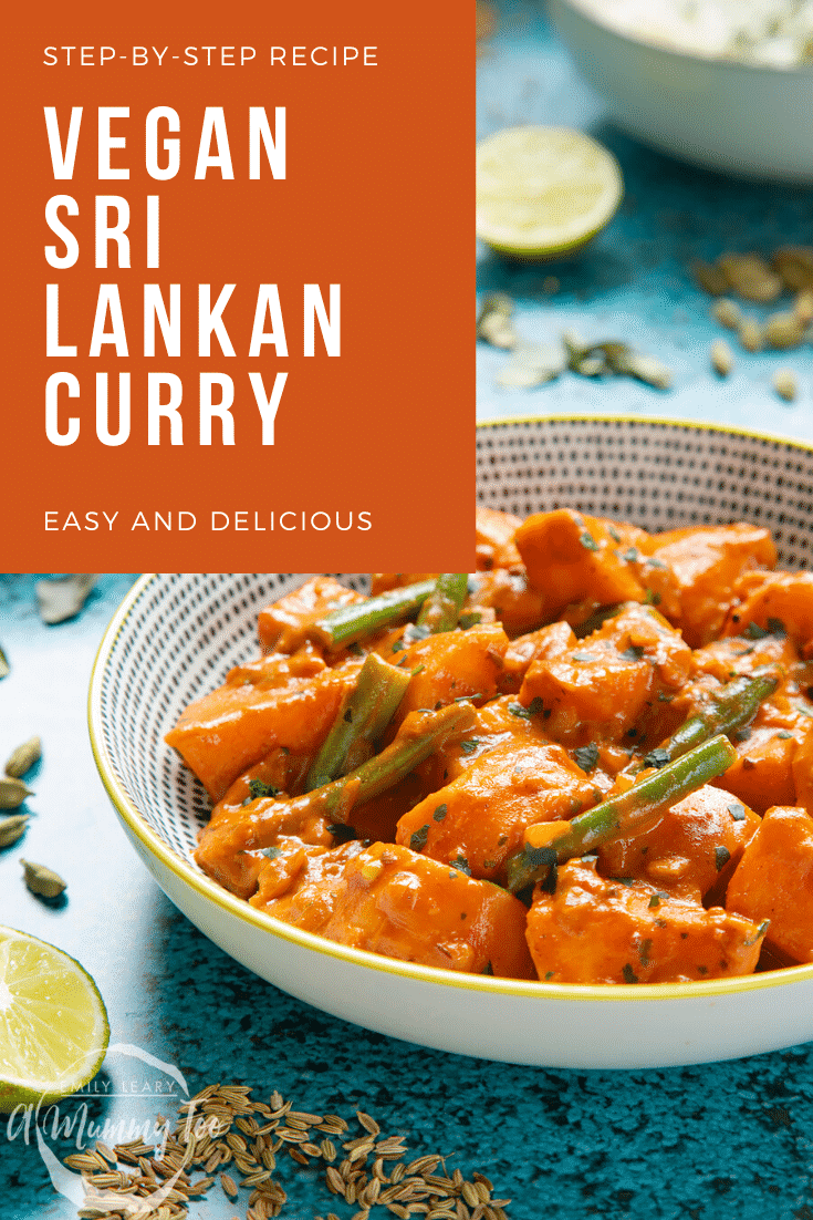 Bowl of curry on a blue background surround by ingredients. Caption reads: Vegan Sri Lankan Curry Easy and Delicious.