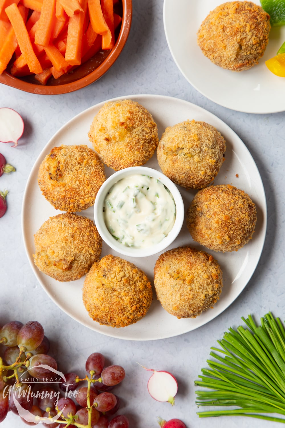 Serving the mackerel fishcakes with a  dip.