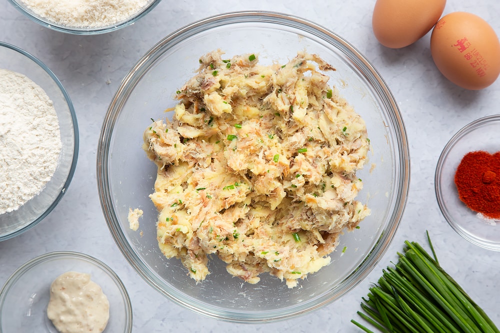 The combined mackerel fishcake mixture in a bowl.