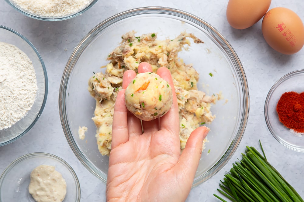 The mackerel fishcake mixture rolled out into a 50g ball.