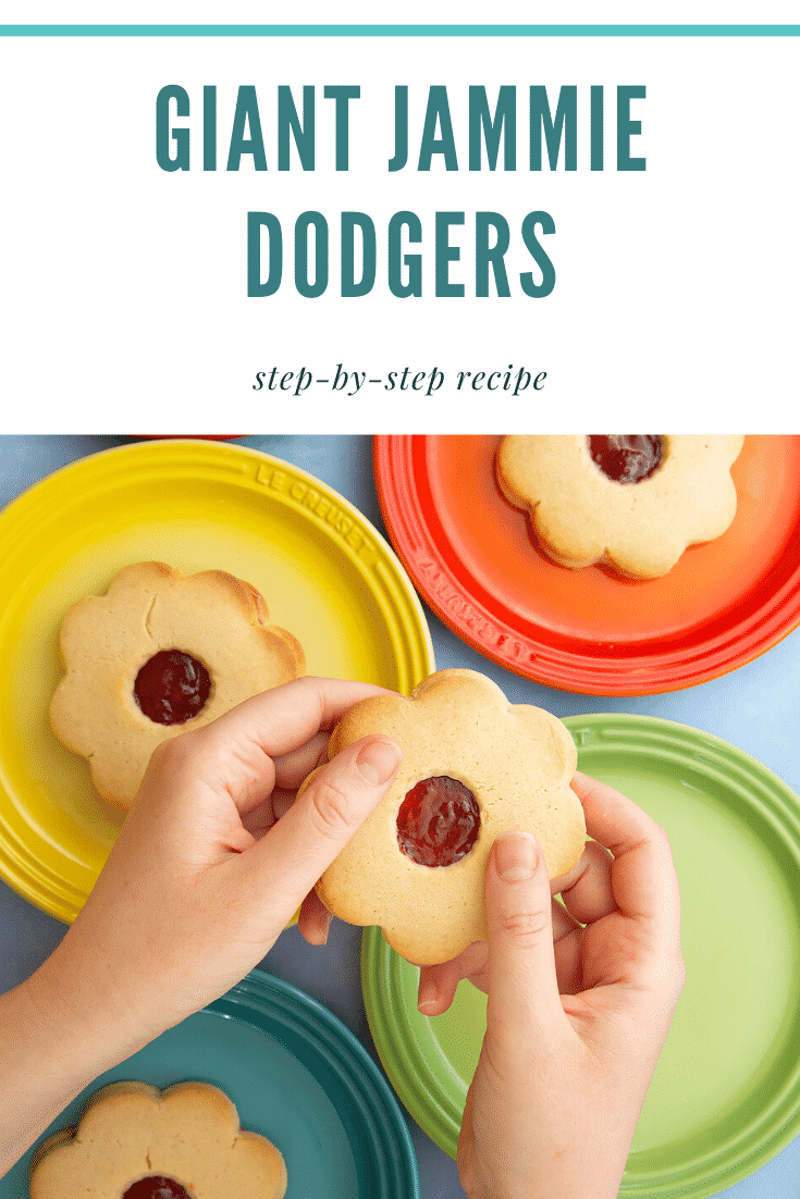 Hands holding a giant jammie dodger. More are arranged on a variety of rainbow coloured small plates in the background. Caption reads: giant jammie dodgers step-by-step recipe