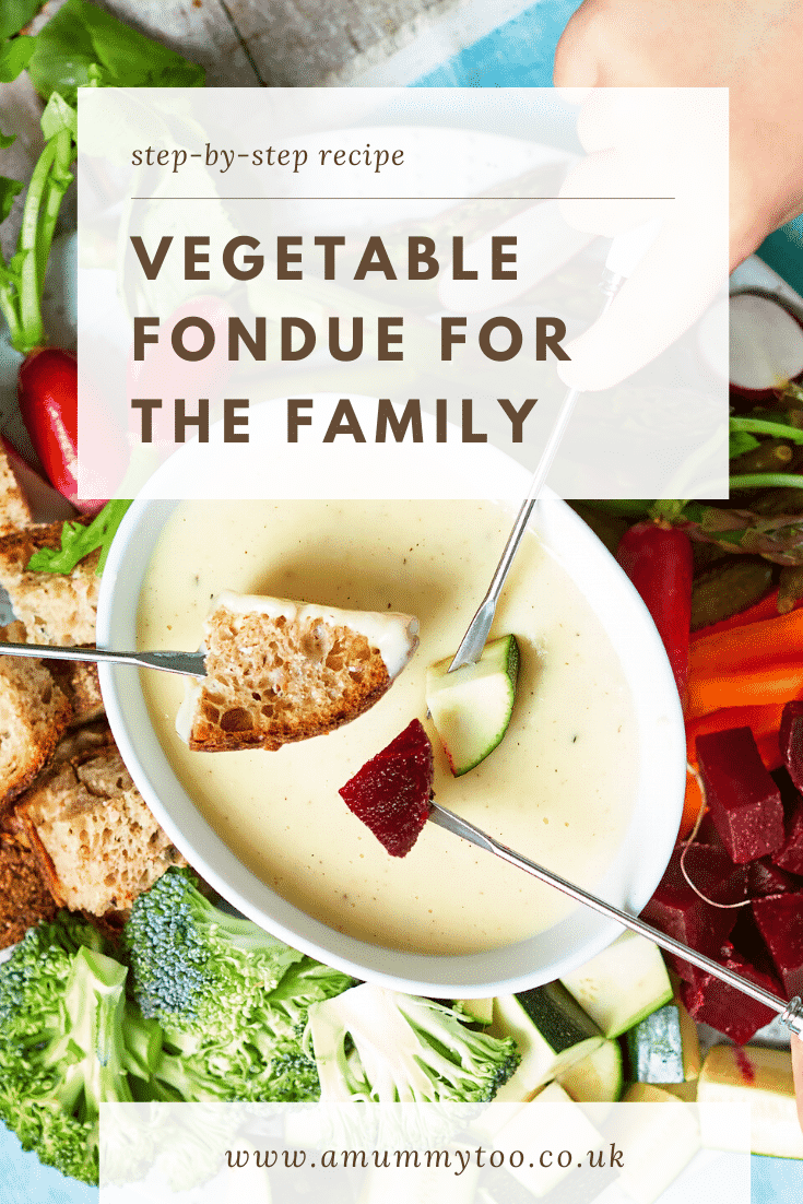 A vegetable fondue platter on a blue background. A family of hands reach in with fondue forks to dip bread, beetroot, courgette into cheese sauce. The caption reads: step-by-step recipe vegetable fondue for the family