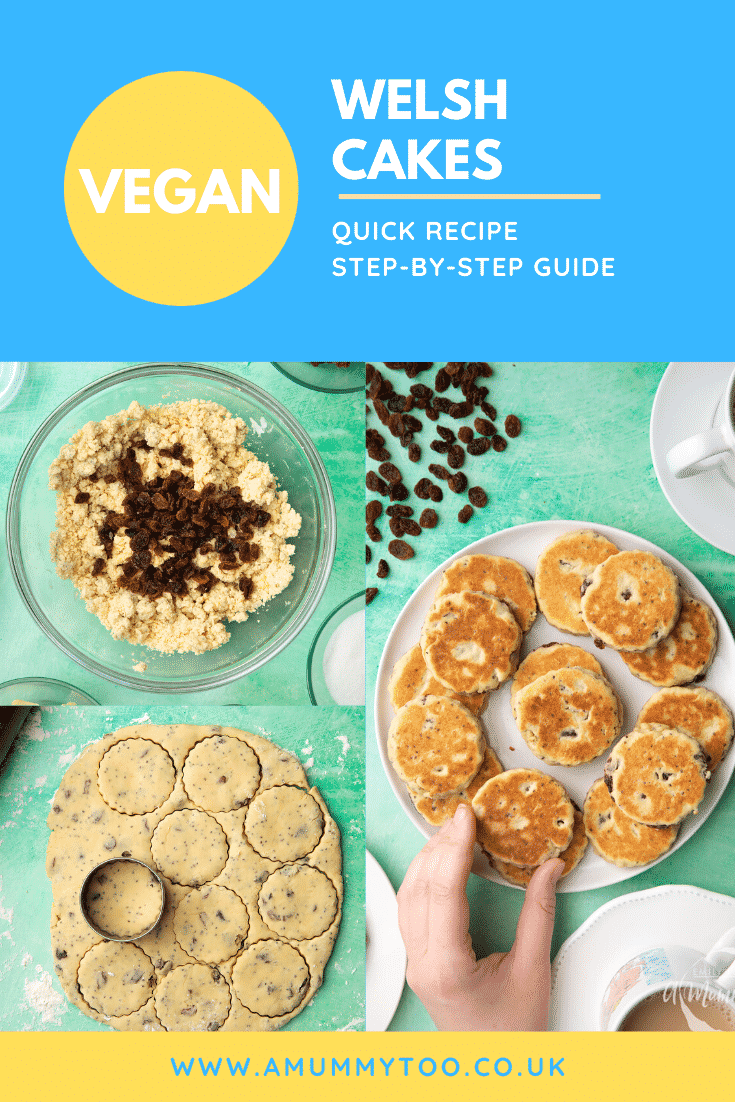 A collage of images showing the making of vegan Welsh cakes, with the main image showing them arranged on a plate. Caption reads: vegan Welsh cakes.