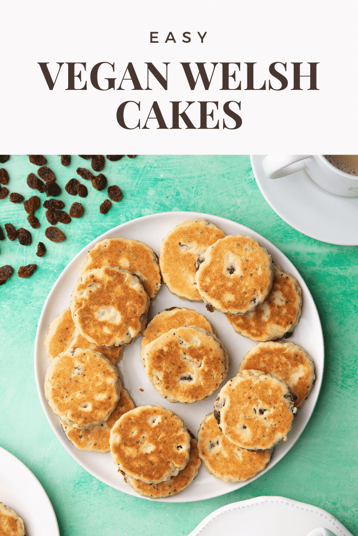 Vegan Welsh cakes arranged on a white plate. Caption reads: Easy vegan Welsh cakes.