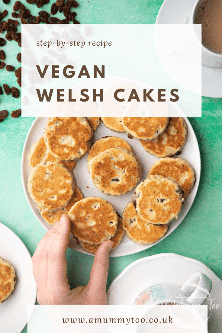 Vegan Welsh cakes arranged on a white plate. A hand reaches for one. Caption reads: step-by-step recipe vegan Welsh cakes.