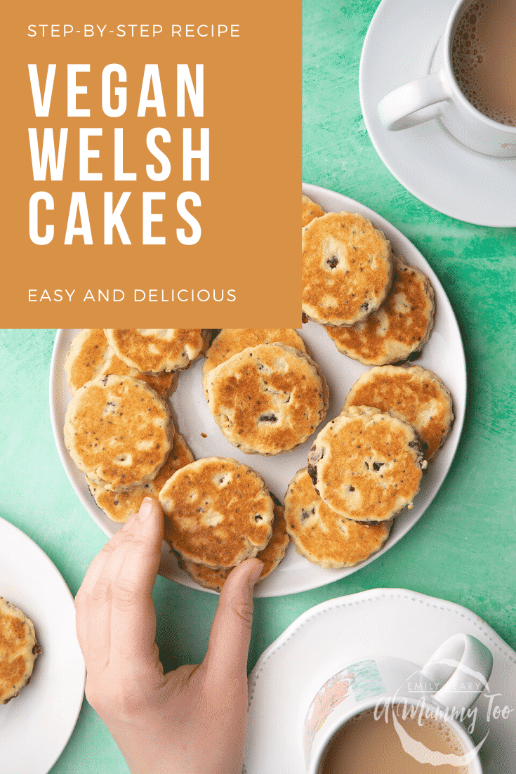 Vegan Welsh cakes arranged on a white plate. A hand reaches for one. Caption reads: step-by-step recipe vegan Welsh cakes easy and delicious.