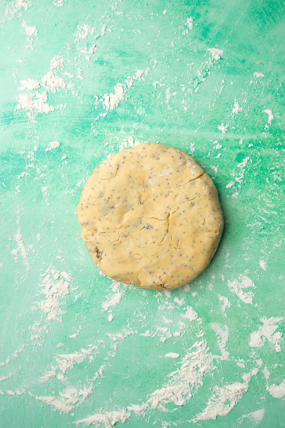 Vegan Welsh cakes dough on a floured surface. 